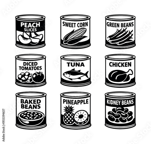 Grouping of nine black and white cans including tuna, chicken, peaches, corn, beans, pineapple, and tomatoes
