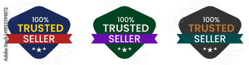 100 percent trusted seller badges with ribbon design in blue, green and black