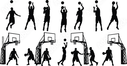 Basketball player silhouette vector illustration, dunk and dribble design, shooting and passing artwork, competitive sports concept, decorative athletic symbol collection