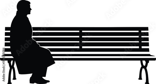 Silhouette person on park bench, solitude contemplation illustration, vector art, outdoor lifestyle design, creative seating silhouette, peaceful relaxation pose