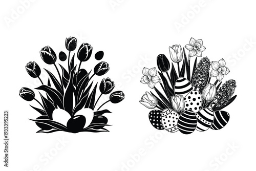 Easter sunday floral arrangement with tulips and decorative eggs