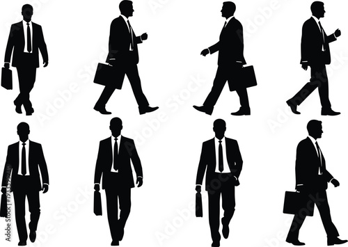 Silhouette businesspeople walking, professionals with briefcase, corporate commuting poses, office attire illustration, vector art, workplace activity design, business lifestyle silhouettes