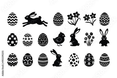 Easter sunday celebration symbols and decorations eggs rabbits and flowers