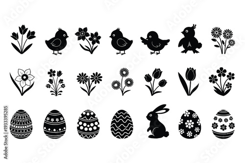 Easter sunday icons eggs chicks bunny flowers and springtime symbols