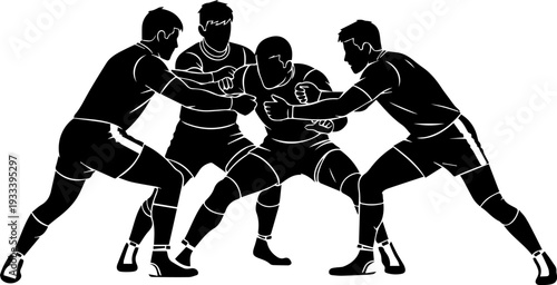 Kabaddi raider tackled by multiple defenders in action silhouette isolated on white background vector