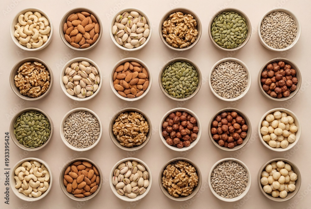Fototapeta premium Minimalist grid arrangement of sorted nuts and seeds in ceramic bowls