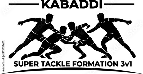 Kabaddi super tackle formation 3v1 players in action silhouette isolated on white background vector