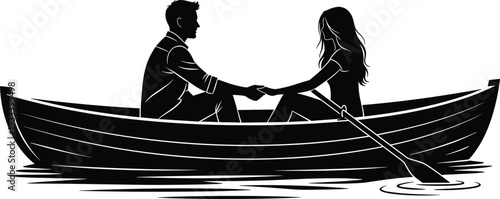 Romantic couple silhouette vector illustration, rowboat on water design, love and intimacy artwork, emotional connection concept, decorative relationship symbol