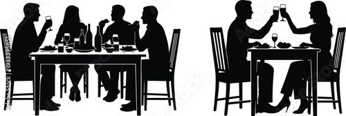 Silhouette dining scenes, group dinner party conversation, couple romantic toast, food and drink illustration, vector art, social gathering design, lifestyle silhouettes