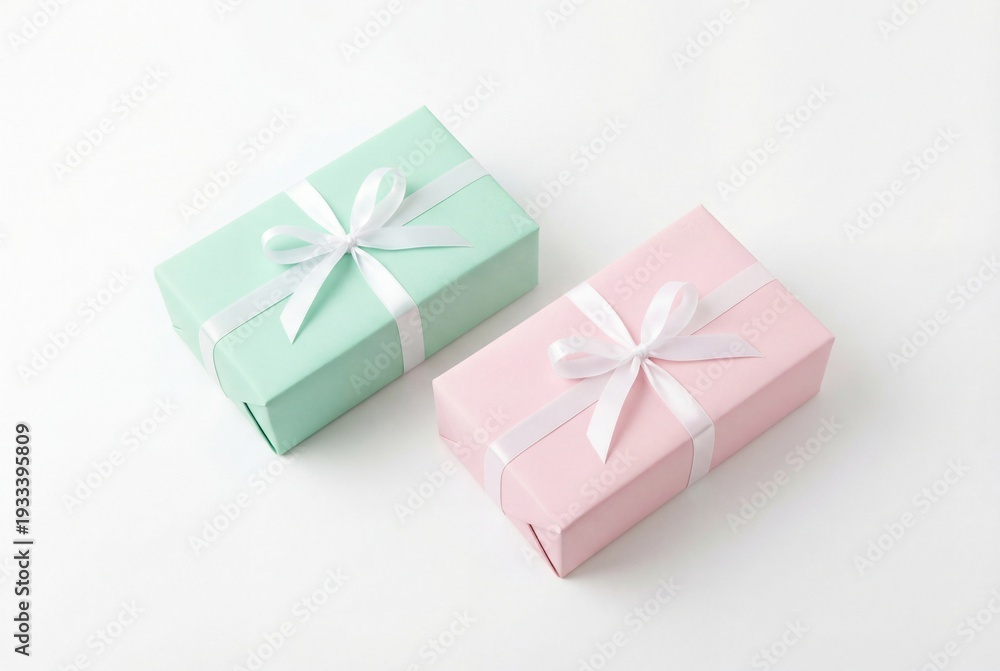 Fototapeta premium Two elegant gift boxes wrapped in pastel mint and pink paper with white ribbons