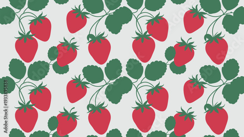 Vibrant strawberry pattern with green leaves on white background for design