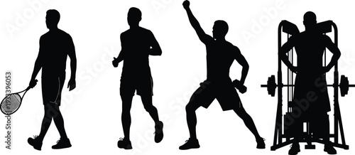 Silhouette fitness activities, tennis jogging weightlifting workout poses, exercise lifestyle illustration, vector art, physical training design, sports health silhouettes