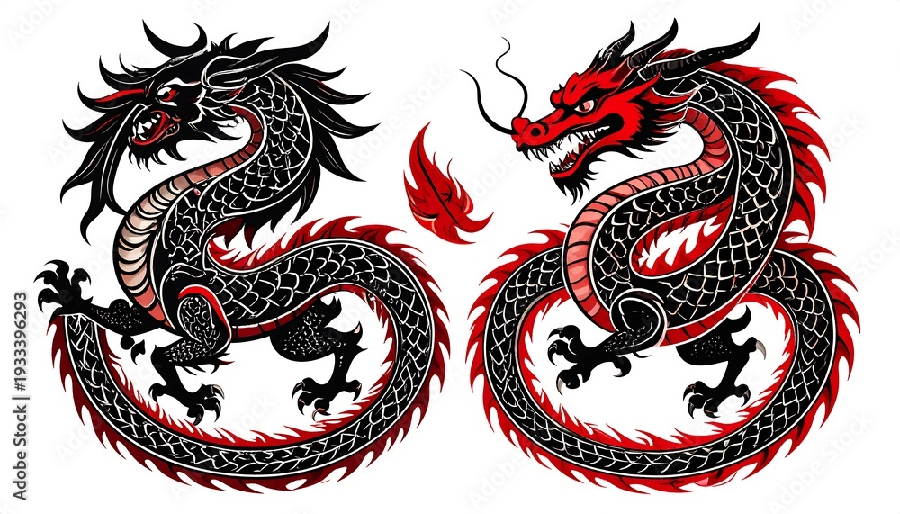 Obraz premium Two stylized dragons with intricate scales, red and black