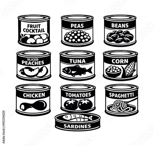 Collection of canned goods for shopping, food storage, and being prepared for emergencies. Monochrome vector graphic