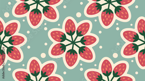 Vibrant strawberry pattern on soft green background with white polka dots