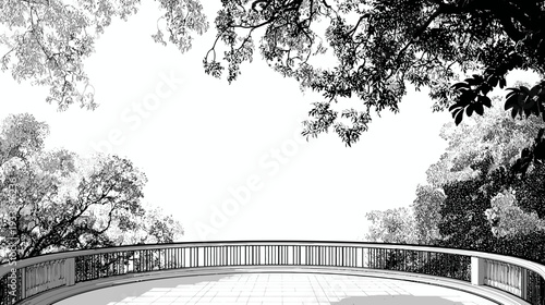 Black and white illustration of a balcony surrounded by trees, creating a shaded framing