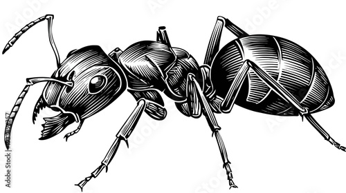 Detailed black and white engraving of an ant, showcasing its anatomy, antennae, and legs