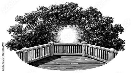 Black and white illustration depicts a wooden deck facing a bright opening through trees