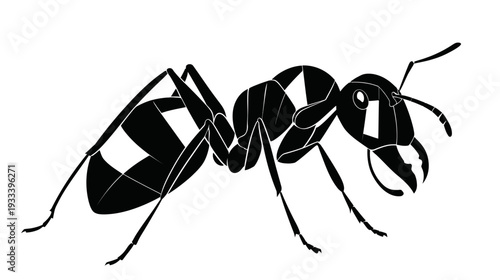 A stark, minimalist illustration of an ant in black and white, side profile against a blank background
