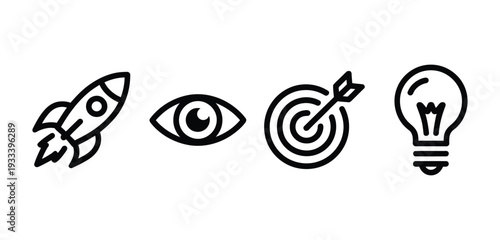 Set of 4 black outline business and marketing vector icons including rocket launch, eye, target with arrow, and lightbulb for web design