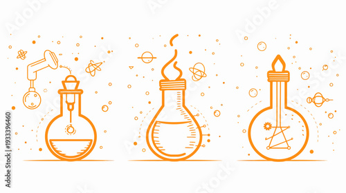 A white illustration showing three laboratory flasks in orange, with space-themed decorations