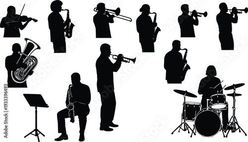 Silhouette musicians playing instruments, jazz band ensemble, orchestra performance, violin saxophone trumpet trombone tuba clarinet drums, music stand illustration, vector art, creative design