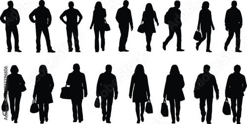 Walking and standing people silhouette vector illustration, casual posture design, lifestyle artwork, human movement concept, decorative crowd symbol collection