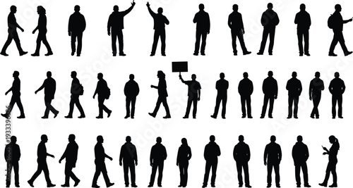 People silhouette vector illustration, walking and standing posture design, casual lifestyle artwork, communication concept, decorative human symbol collection