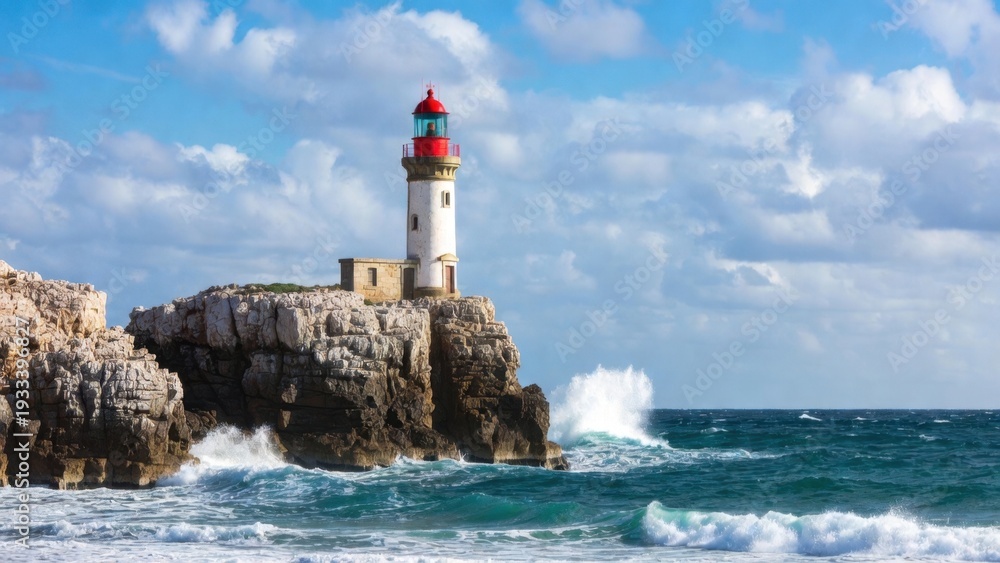 Obraz premium Lighthouse standing on rocky cliff overlooking choppy ocean.