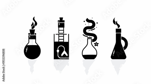 A collection of stylized, minimalist, black and white illustrations of laboratory bottles and equipment