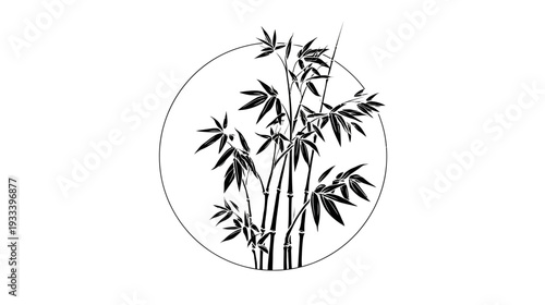Silhouetted illustration of bamboo stalks and leaves within a circular frame on a white background