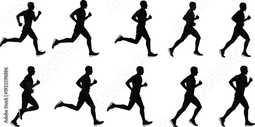 Running sequence silhouette vector illustration, human stride design, athletic motion artwork, sports biomechanics concept, decorative fitness symbol collection