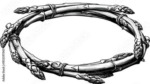 Black and white illustration of asparagus stalks arranged in a circular design, open center