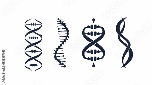 A set of four stylized DNA structures of varying forms in a monochrome color scheme