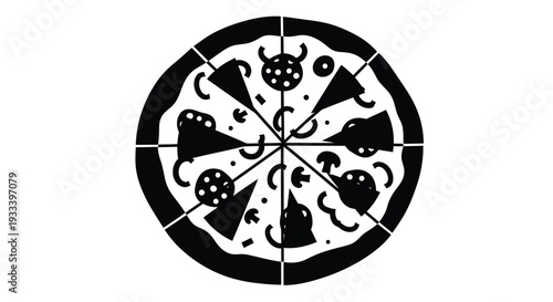 A black and white illustration of a pizza divided into eight triangular slices