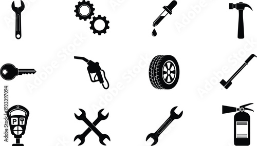 Tools silhouette vector illustration, mechanical objects design, automotive repair artwork, industrial maintenance concept, decorative workshop symbol, engineering equipment collection