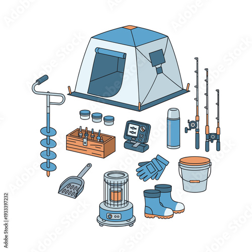 Winter ice fishing activity set, showing tackle, shelter, heater, auger, rods, boots, and electronics for cold season recreation