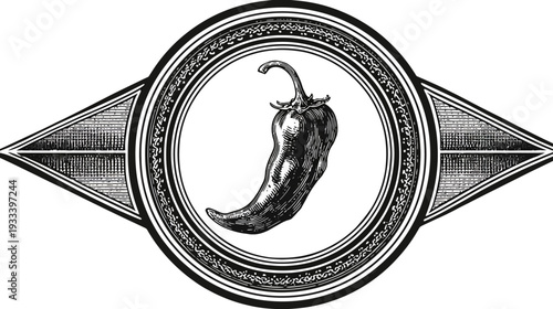 A detailed monochrome chili pepper illustration enclosed within ornate circular and angled frames