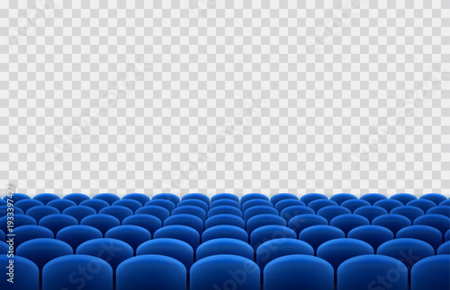 Cinema or movie seats isolated on transparent background. Vector rows of realistic blue theater chairs. Empty hall with armchairs template