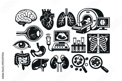 Medical tools and human internal organs featuring brain, heart, lungs, stomach, kidneys, and eye with MRI, ultrasound, X-ray scanning