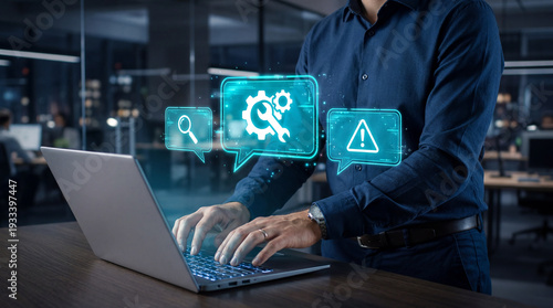 Online IT customer support. Remote help desk chat for technical support. Businessman using laptop computer to provide troubleshooting support.