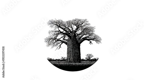 Monochrome illustration of a baobab tree within a circular border. Artistic representation