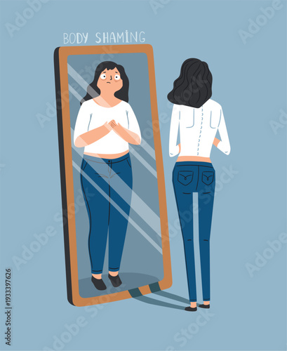 Anorexia girl is unhappy with her reflection in the mirror. The illusion of a fat body. Poor eating habits and disorders. Body shaming vector illustration