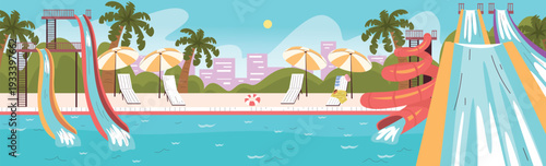 Aquapark panoramic background. Sea waterpark, hotel pool waterslides sun loungers swim water slides swimming splash water aqua park summer entertainment cartoon vector illustration