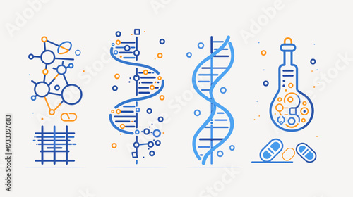 Stylized graphic icons of scientific concepts, including DNA strands and lab equipment