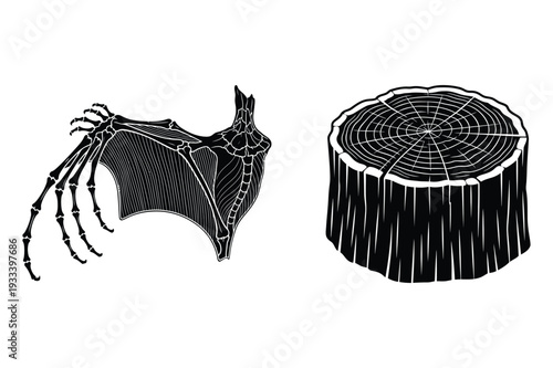 Bat Wing Skeleton and Tree Stump Vector