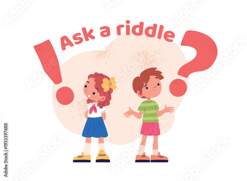 Ask riddle. Question curious kid, doubt child boy think confused girl puzzle game answer difficult solve unsure teen smart school children cartoon characters vector illustration