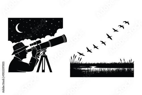 Man with Telescope Watching Stars and Birds Fly