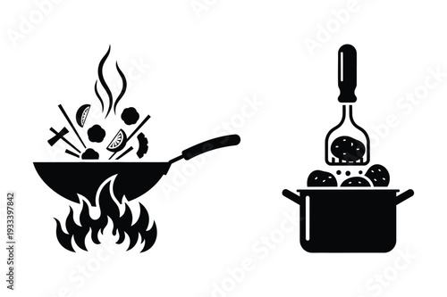 Cooking food in wok on fire, preparing meal in pot