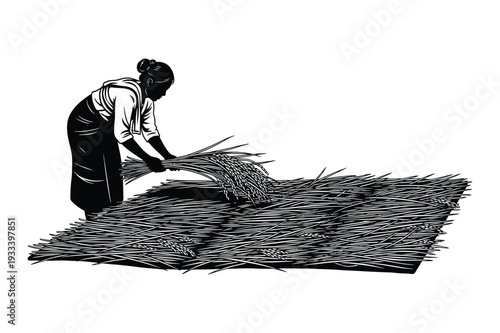 Farmer harvesting wheat in traditional style, rural agriculture